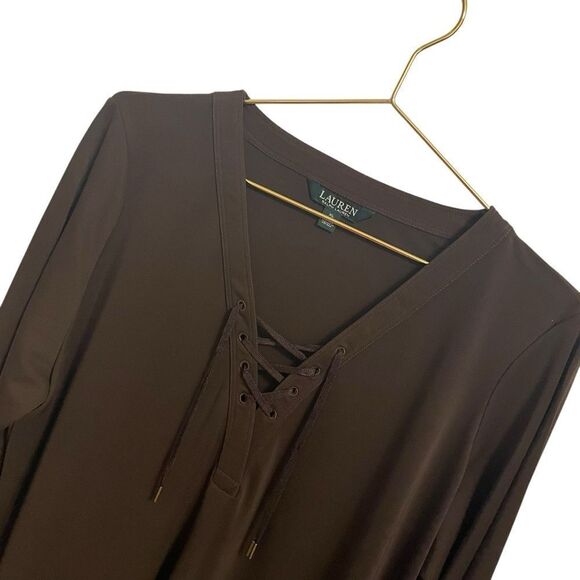 Lauren Ralph Lauren Brown Lace Up Long Sleeve V Neck Top Size XL - Picture 2 of 7